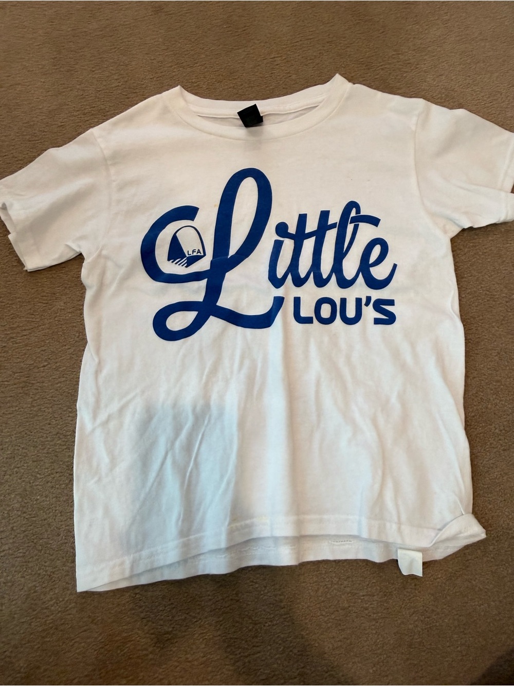 Gildan White Kids Tee with Blue 'Little Lou's' Logo
